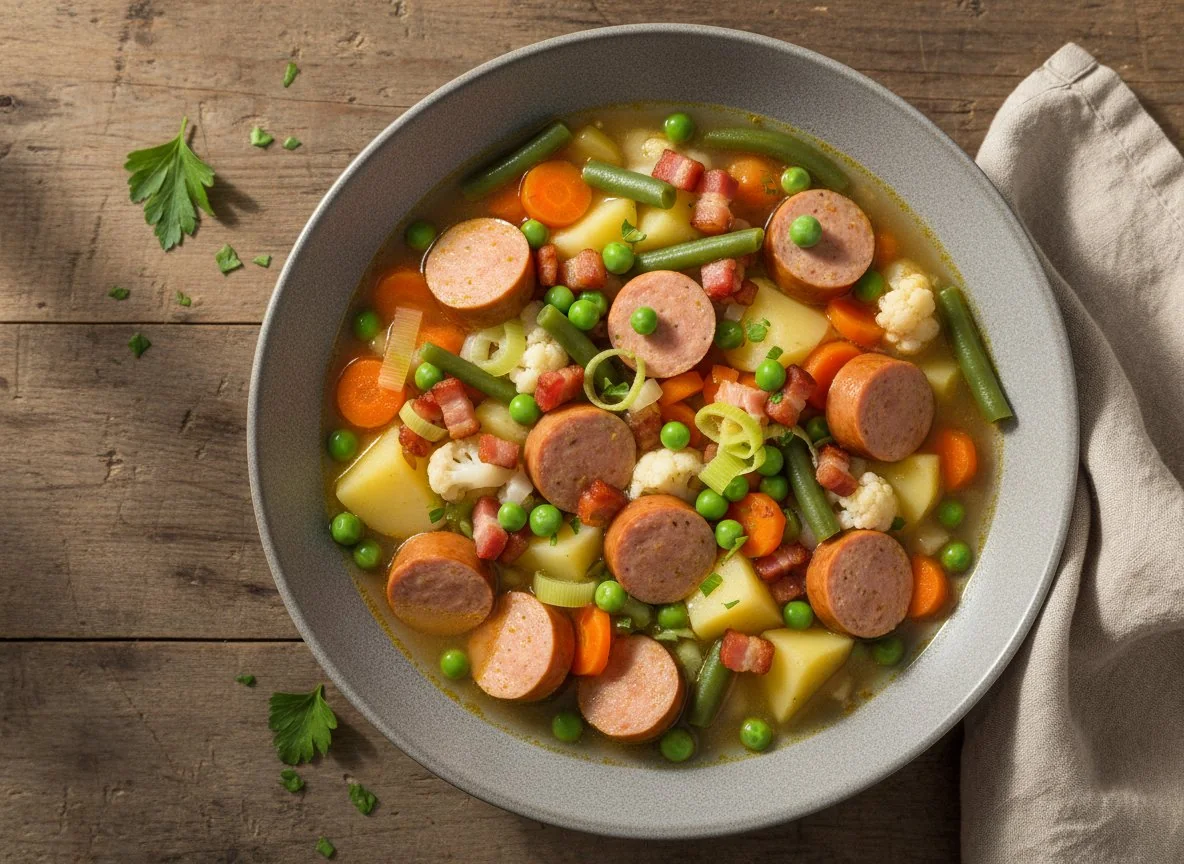 Gemüseeintopf mit Würstchen und Speck photo