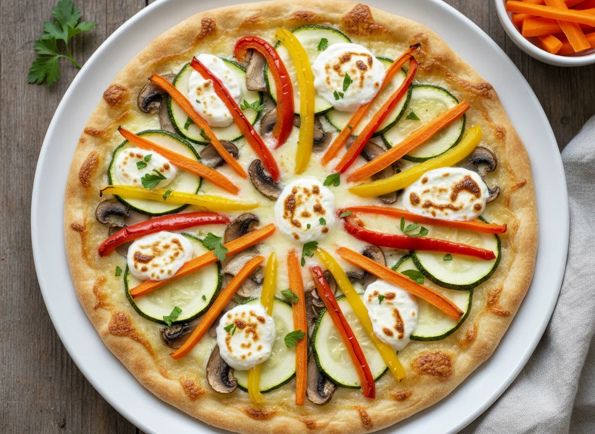 Gemüseflammkuchen mit Karottensticks und Frischkäse photo