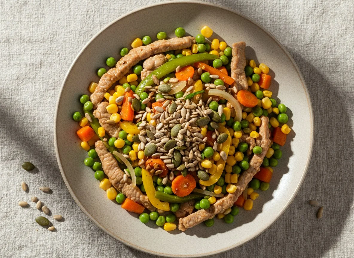 Gemüse-Fleisch-Pfanne mit Kernen photo