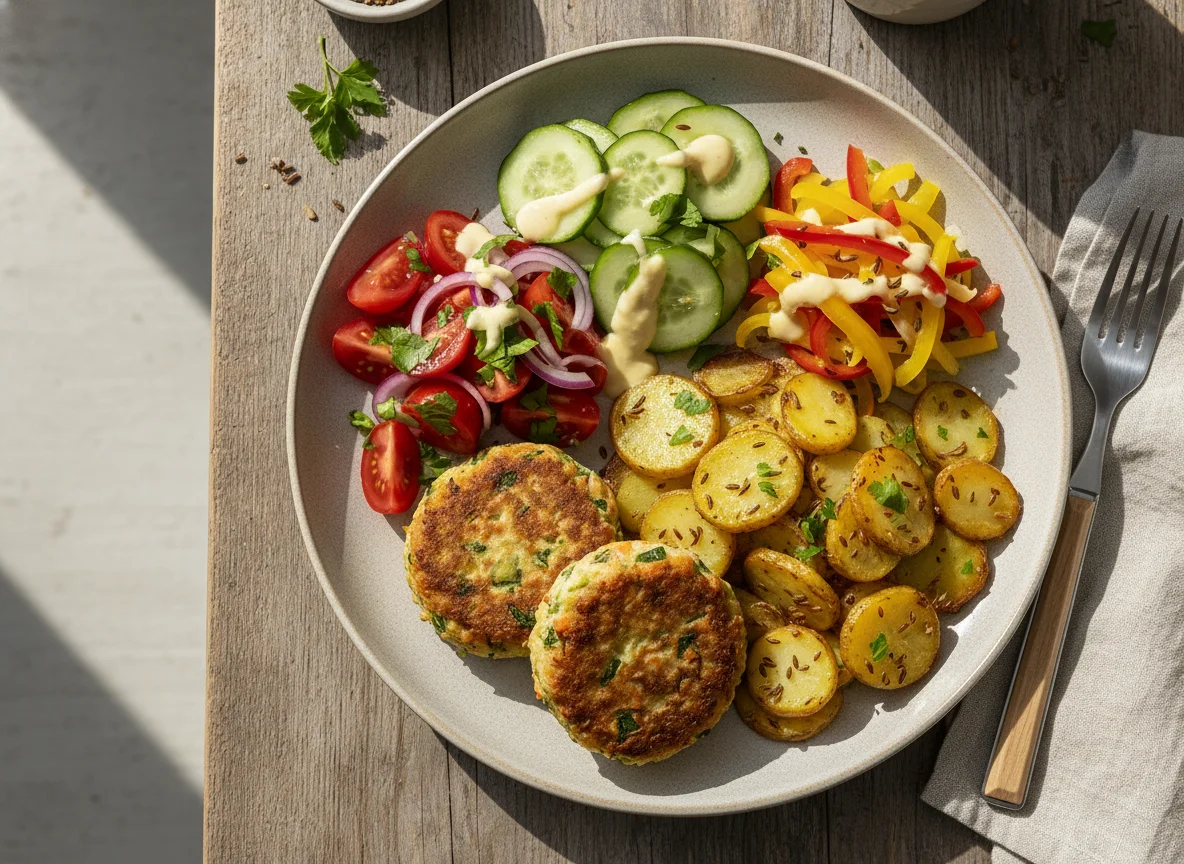Gemüsefrikadelle mit Bratkartoffeln und Salat photo