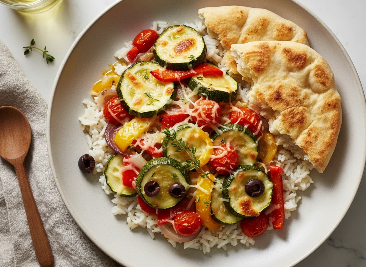 Gemüsegratin mit Reis und Brot photo