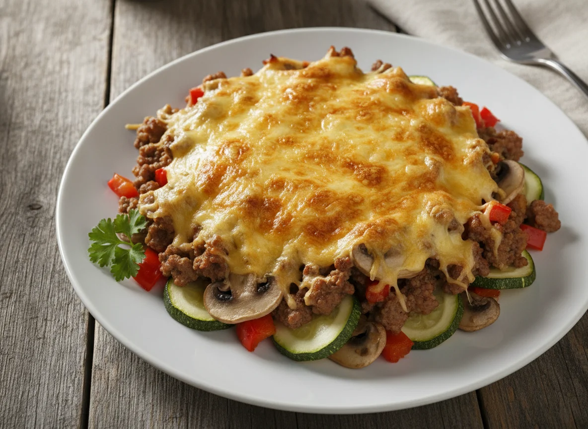 Gemüse-Hackfleisch-Auflauf mit Käse überbacken photo