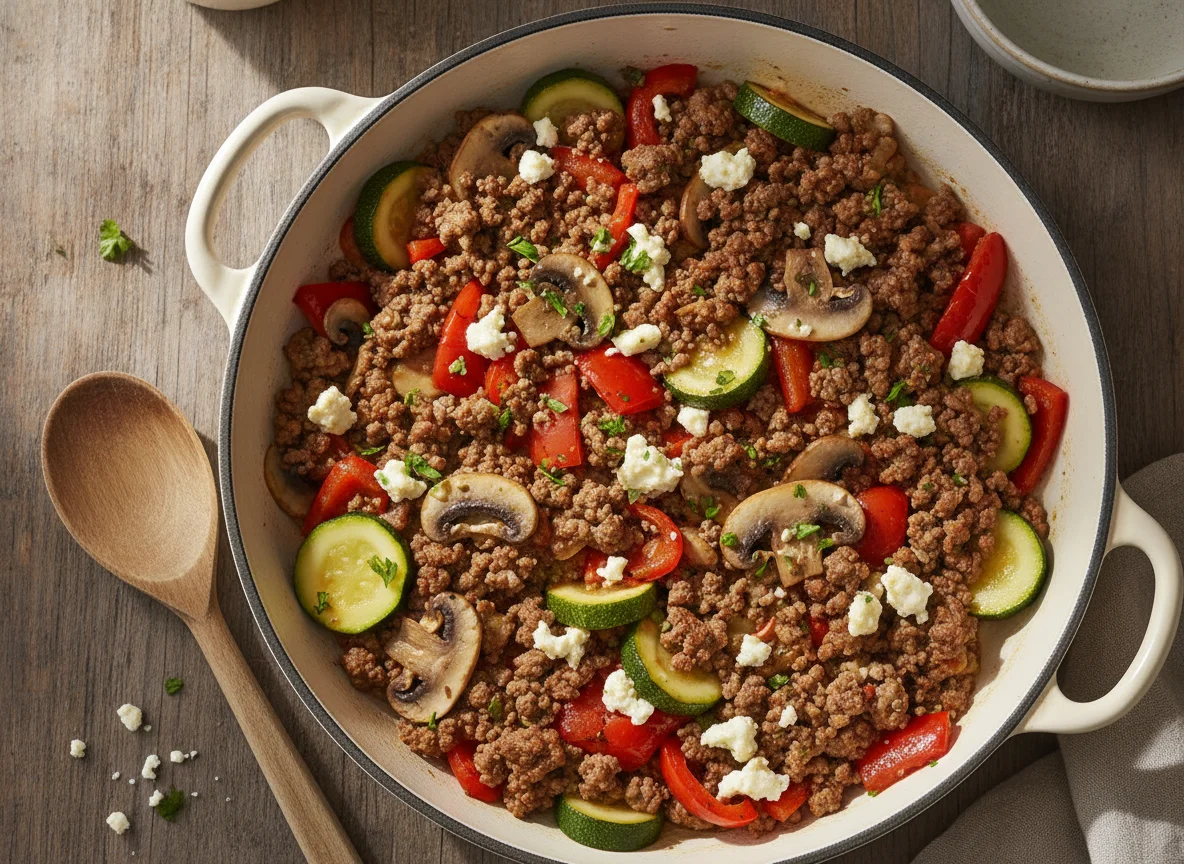 Gemüse-Hackfleisch-Pfanne mit Feta photo