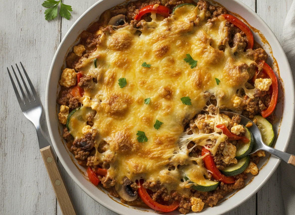 Gemüse-Hackfleisch-Pfanne mit Käse überbacken photo