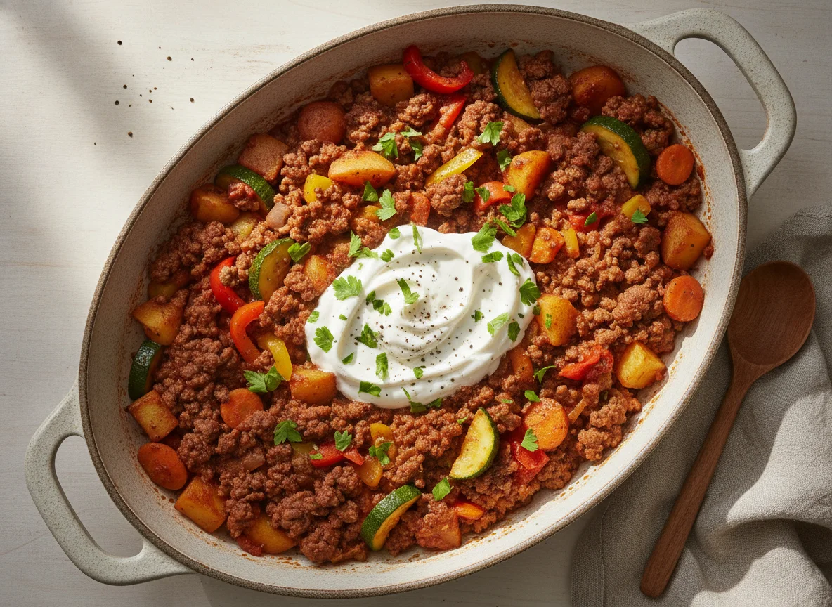 Gemüse-Hackfleisch-Pfanne mit Schmand photo