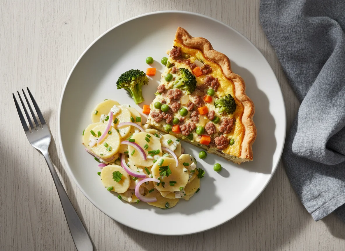 Gemüse-Hackfleisch-Quiche mit Kartoffelsalat photo