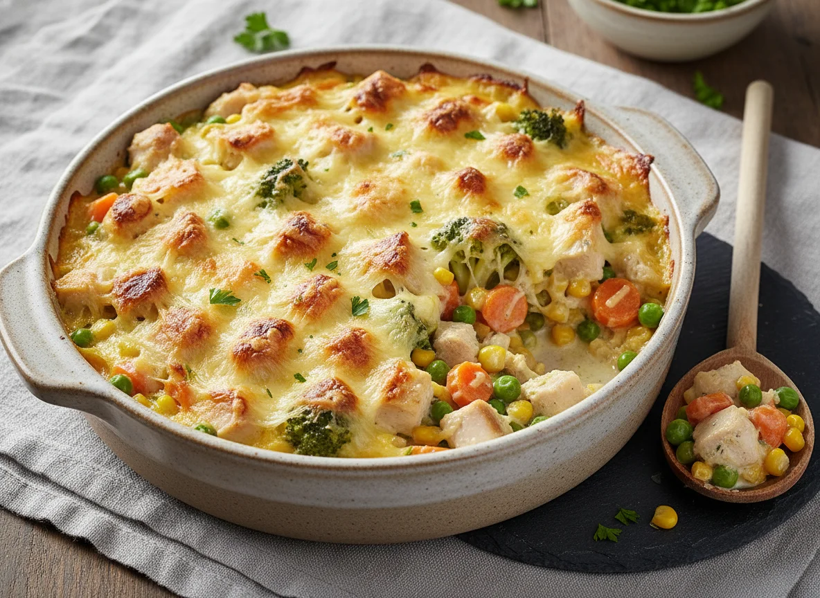 Gemüse-Hähnchen-Auflauf mit Käse überbacken photo