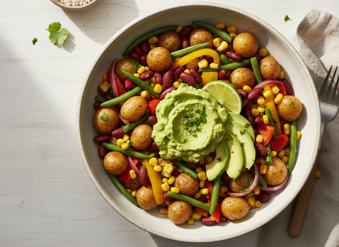 Gemüse-Kartoffel-Bowl mit Guacamole photo