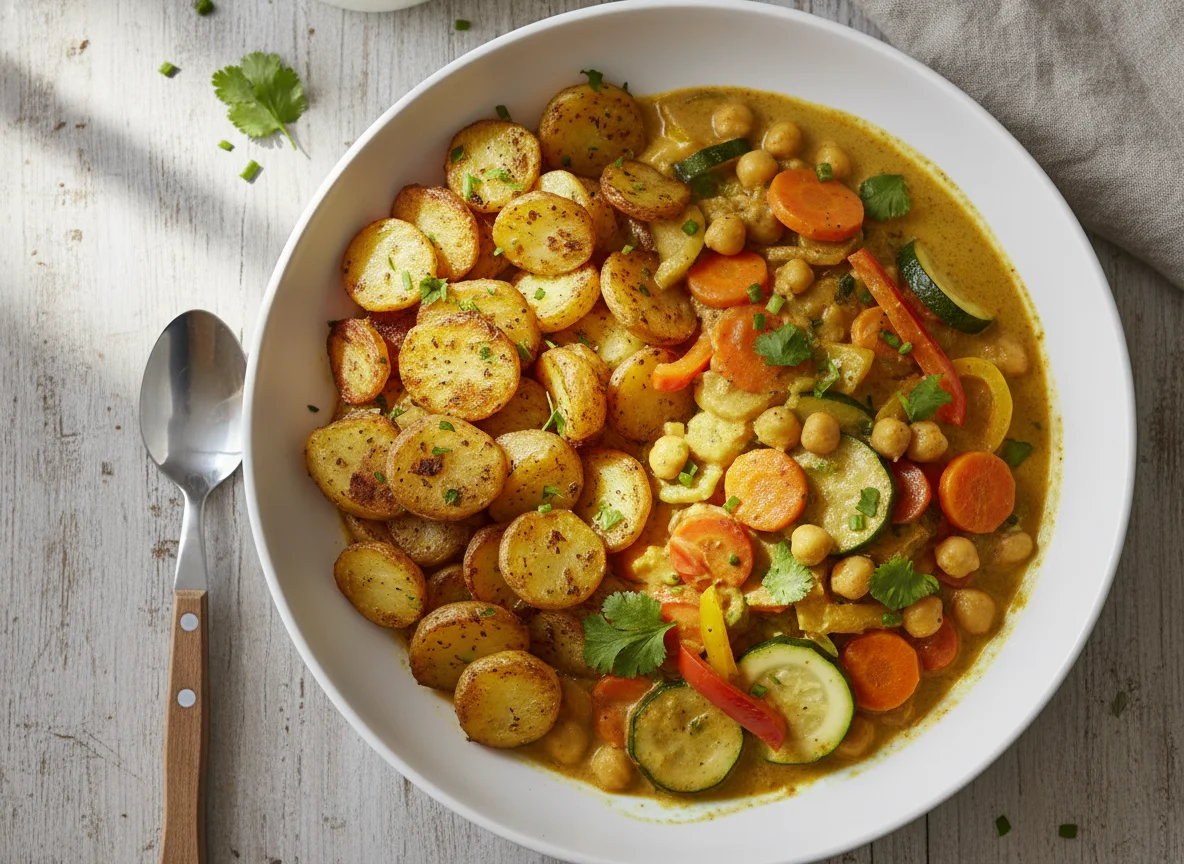 Gemüse-Kichererbsen-Curry mit Bratkartoffeln photo