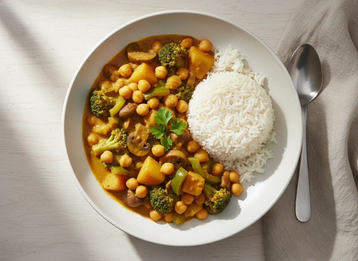 Gemüse-Kichererbsen-Curry mit Reis photo