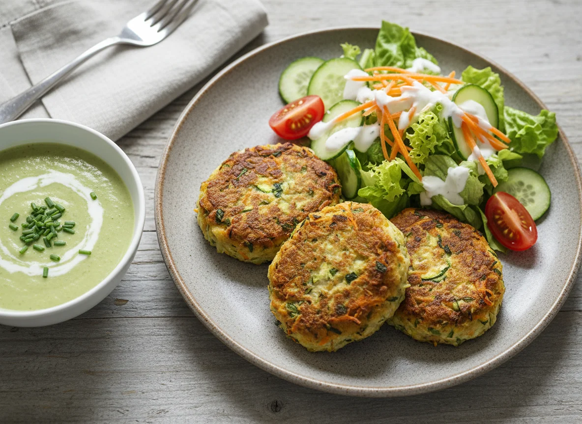 Gemüselaibchen mit Beilagensalat und Suppe photo