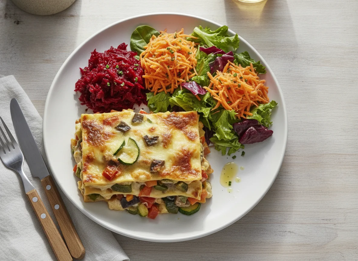 Gemüselasagne mit gemischtem Salat photo