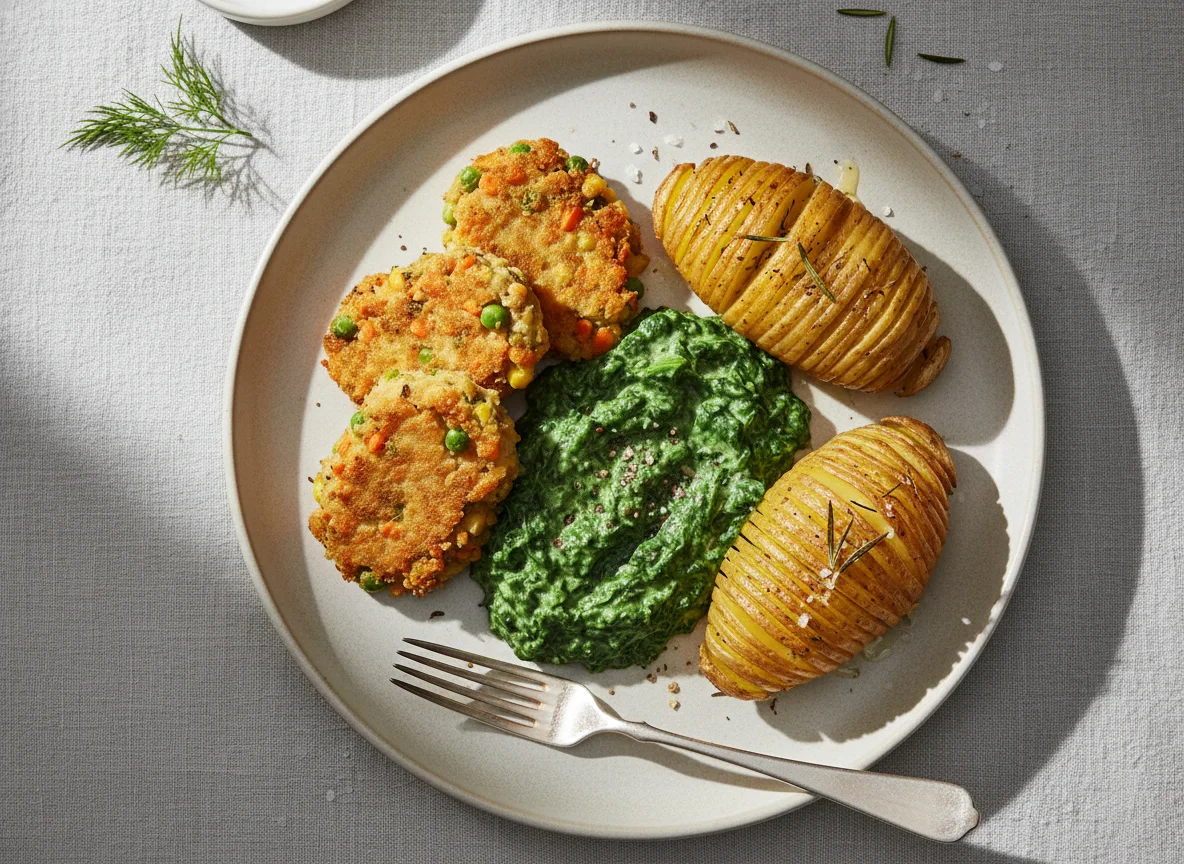 Gemüse-Nuggets mit Rahmspinat und Hasselback-Kartoffeln photo