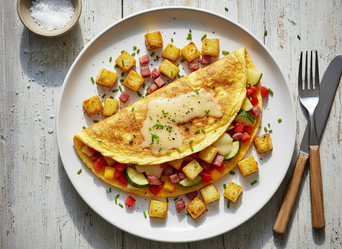 Gemüse-Omelett mit Käse und Kohlrabi-Würfeln photo