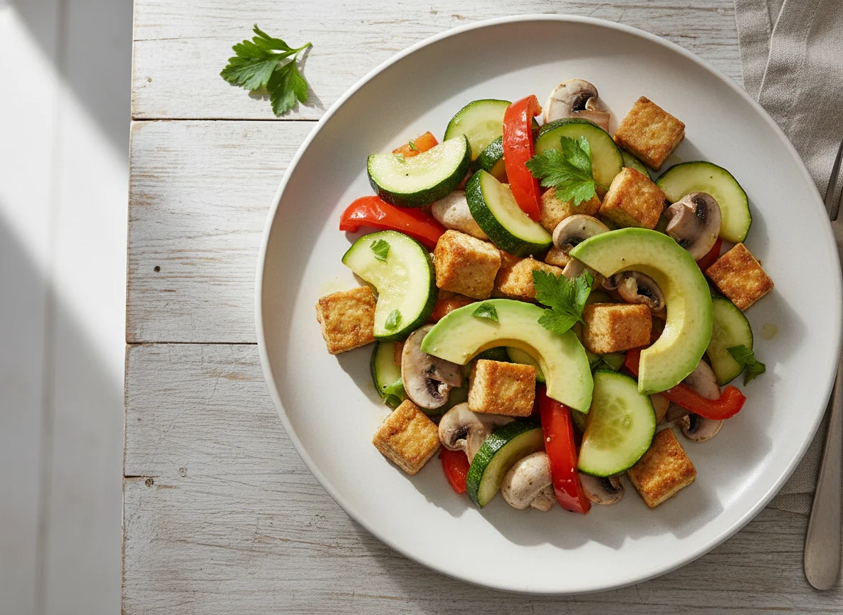 Gemüsepfanne mit Avocado und Tofu photo