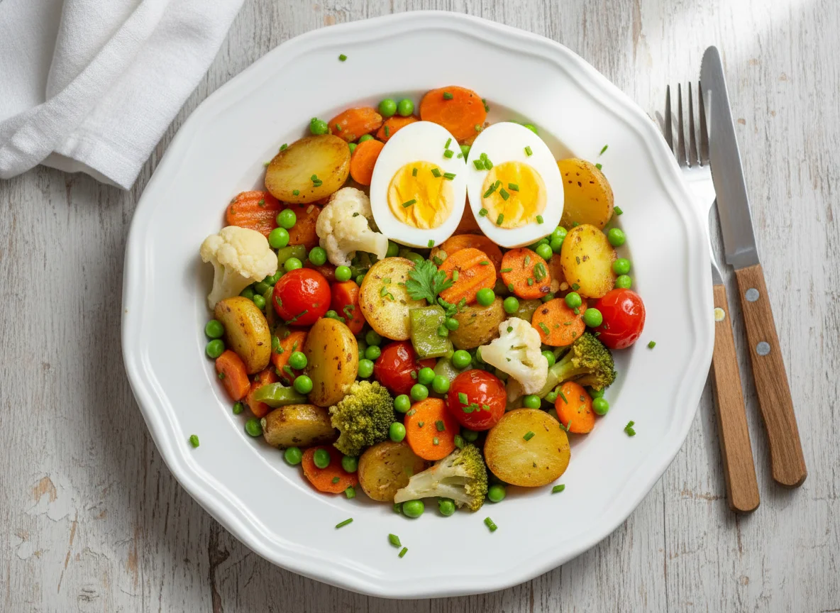 Gemüsepfanne mit Bratkartoffeln und gekochten Eiern photo