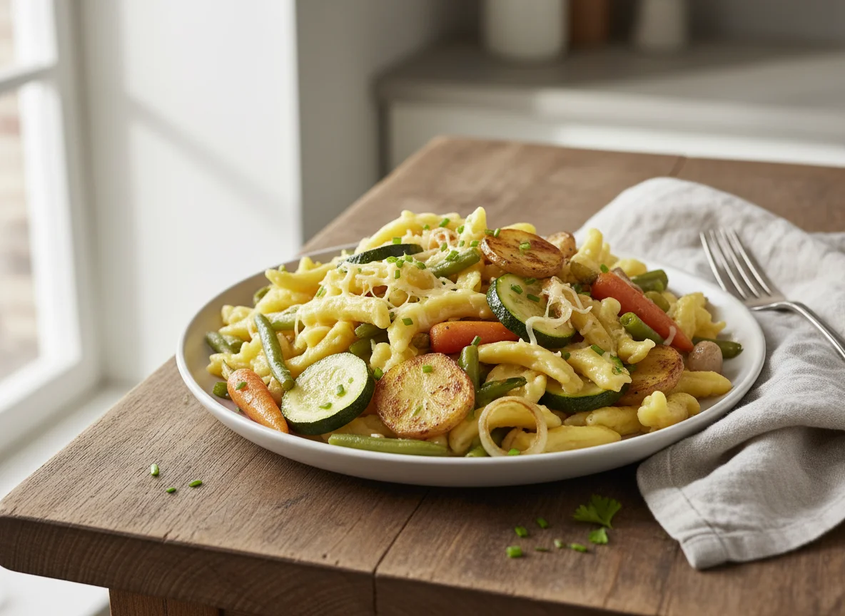 Gemüsepfanne mit Bratkartoffeln und Spätzle photo