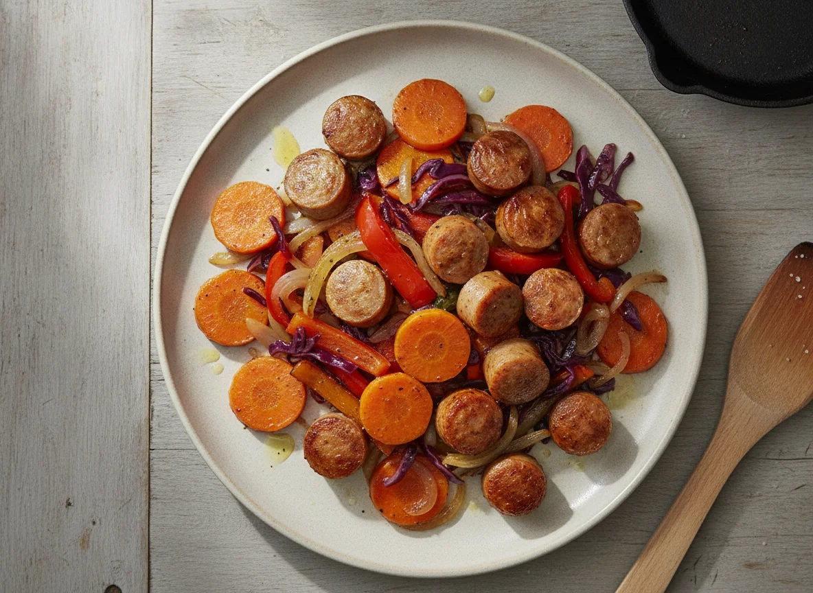 Gemüsepfanne mit Bratwurst photo