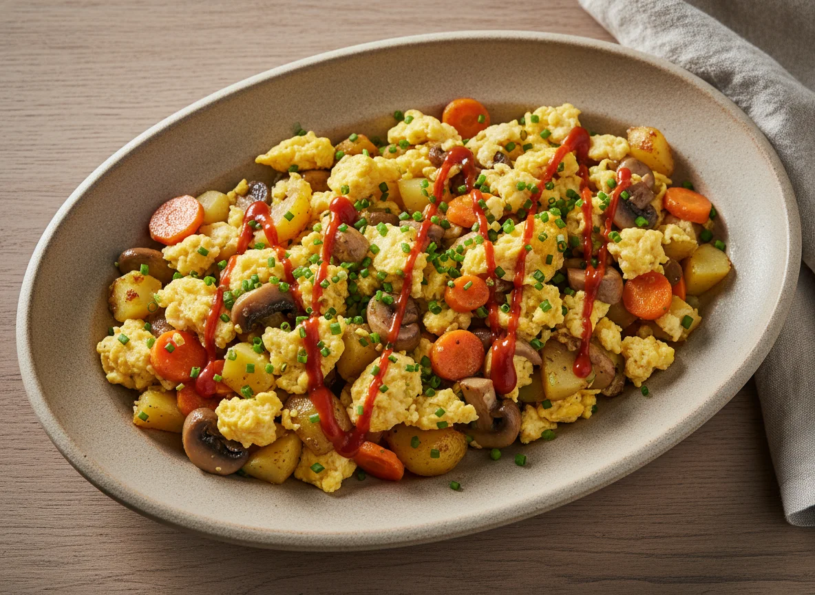Gemüsepfanne mit Champignons und Ei photo