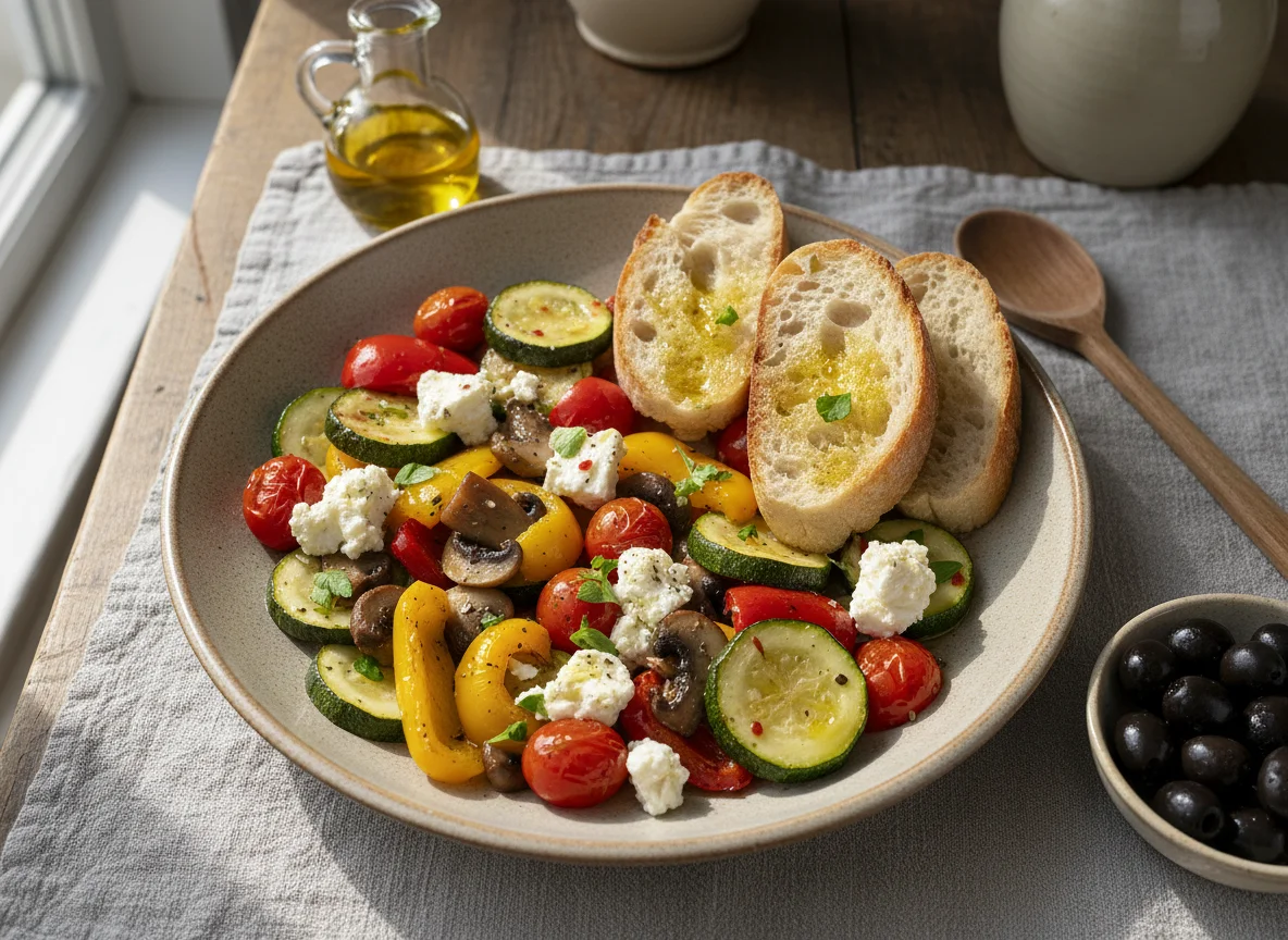 Gemüsepfanne mit Feta und Brot photo