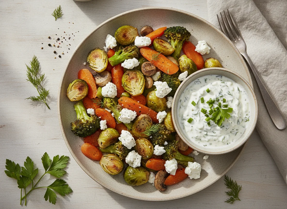 Gemüsepfanne mit Feta und Dip photo