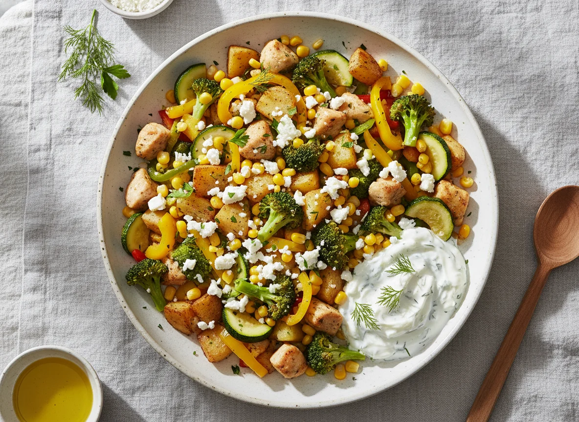 Gemüsepfanne mit Feta und Tzatziki photo