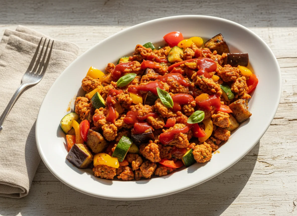Gemüsepfanne mit Fleischersatz und Sauce photo