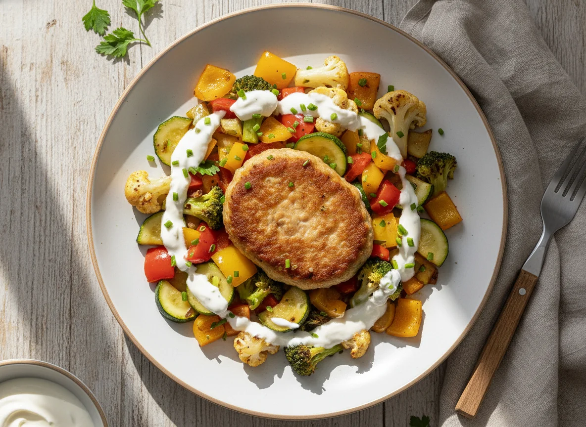 Gemüsepfanne mit Frikadelle und Joghurtsauce photo