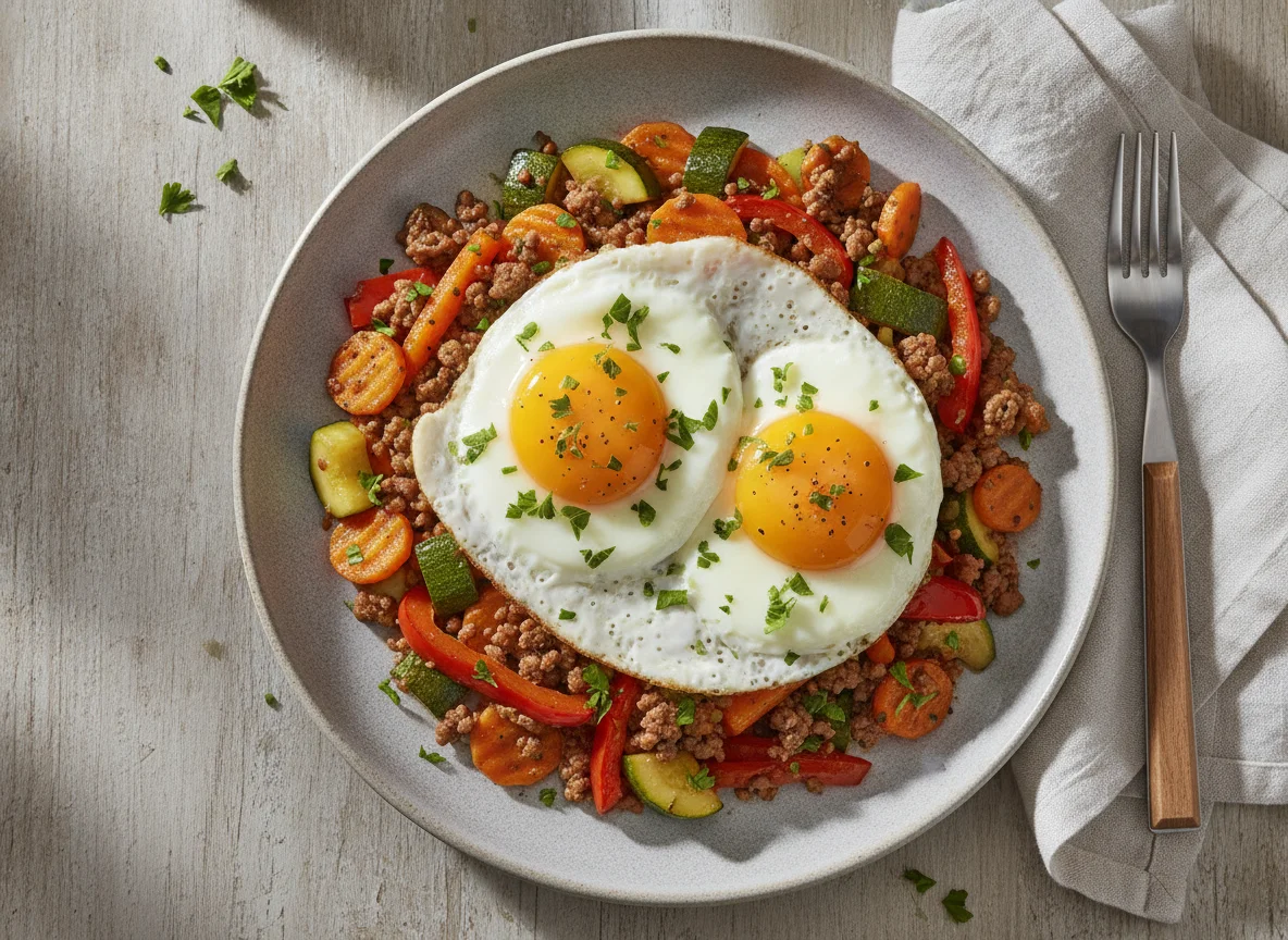 Gemüsepfanne mit Hackfleisch und Ei photo