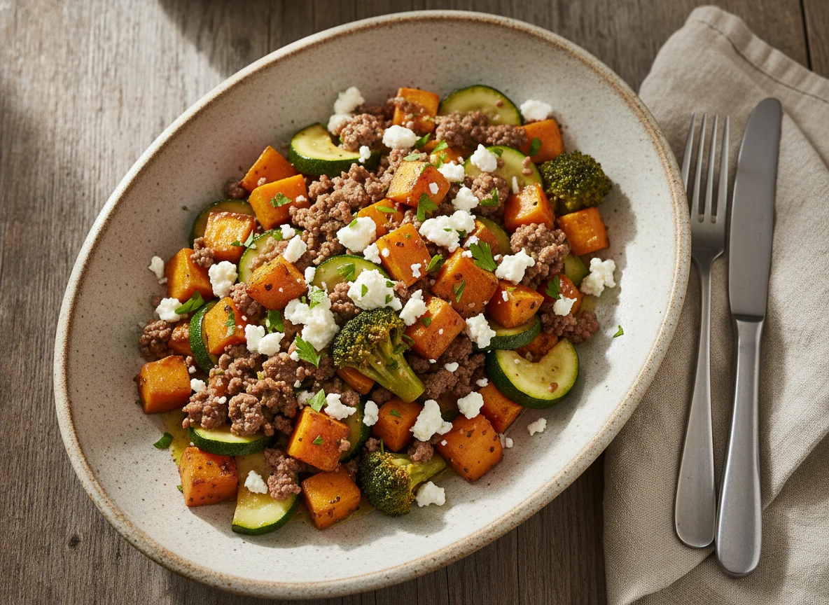 Gemüsepfanne mit Hackfleisch und Feta photo