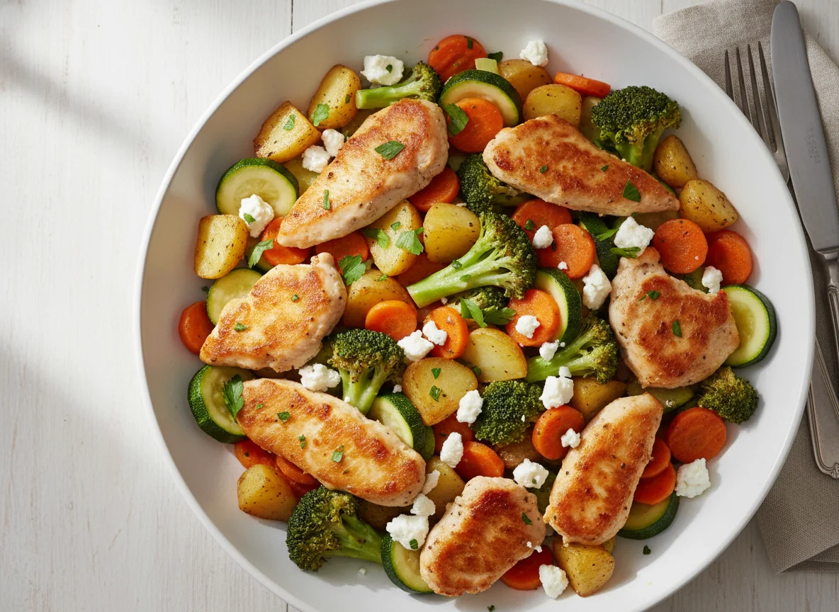 Gemüsepfanne mit Hähnchen, Kartoffeln und Feta photo