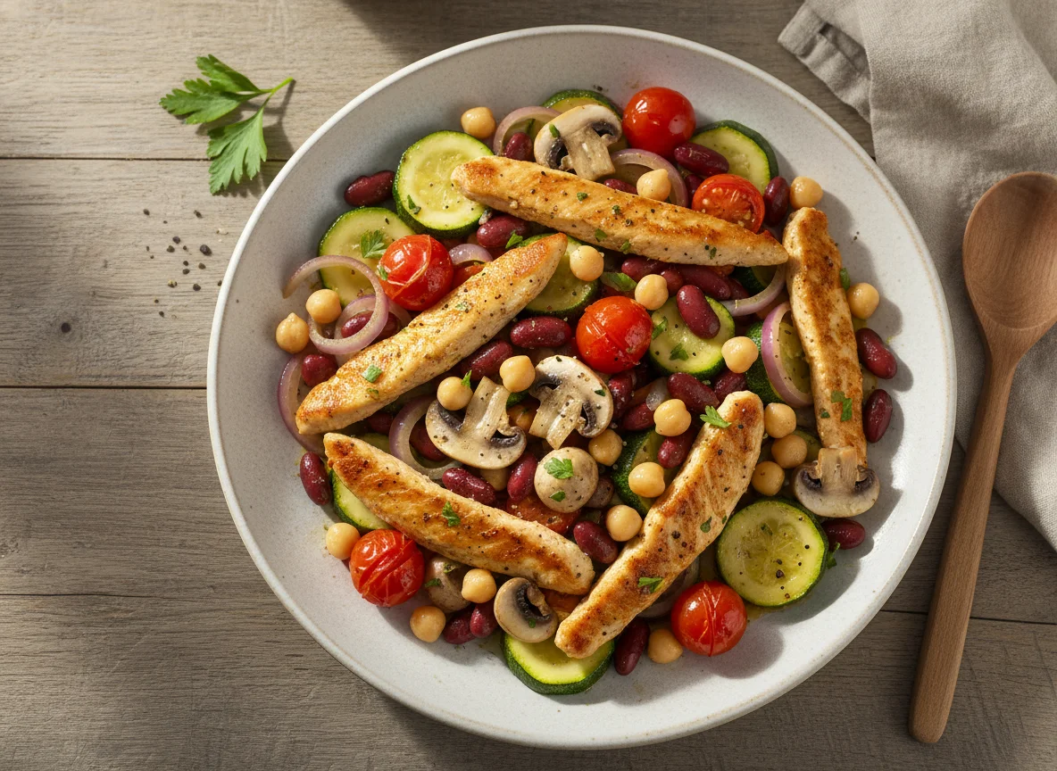 Gemüsepfanne mit Hähnchen und Hülsenfrüchten photo