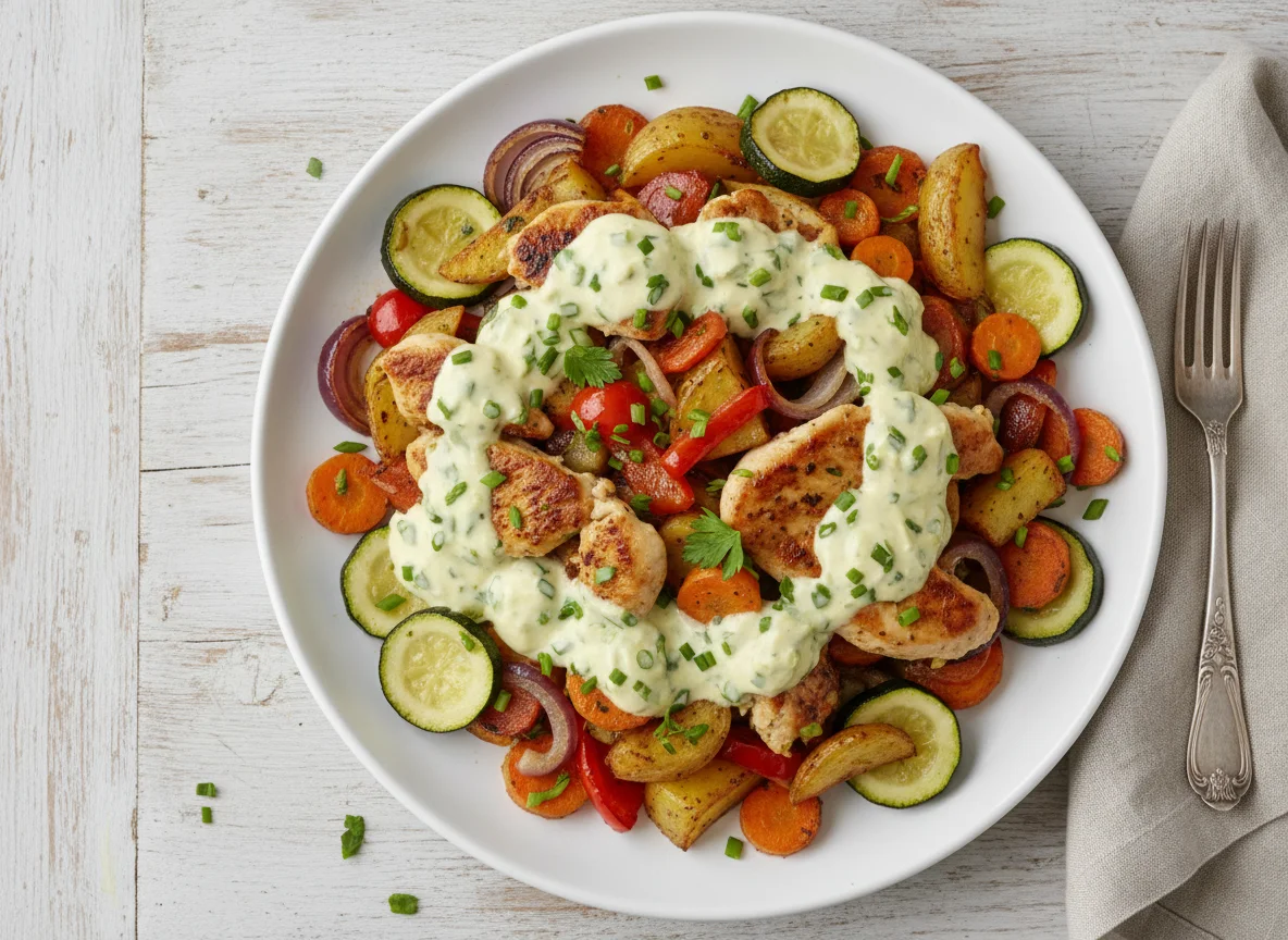 Gemüsepfanne mit Hähnchen und Sahnesauce photo