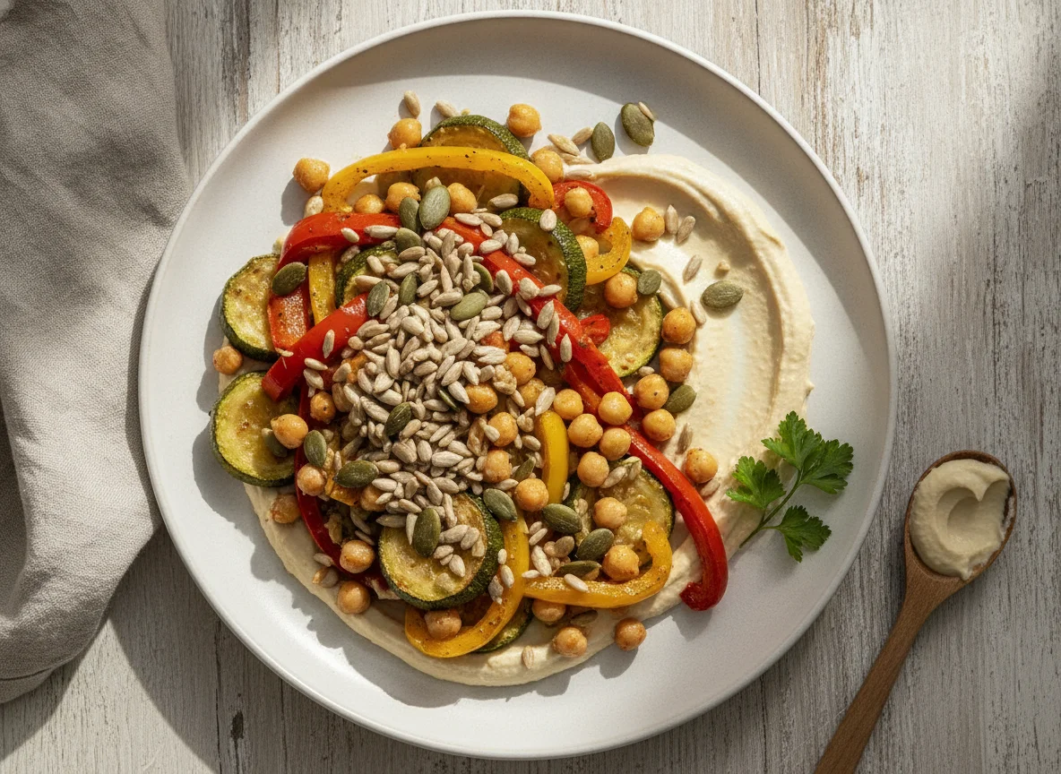 Gemüsepfanne mit Hummus und Kernen photo