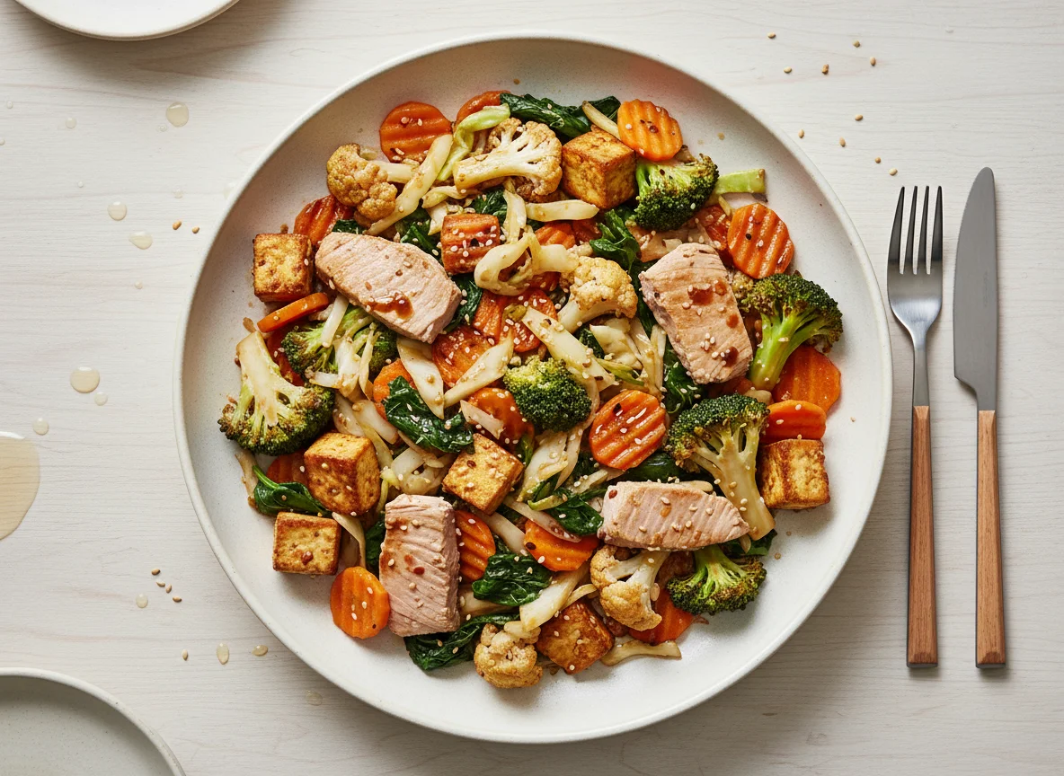 Gemüsepfanne mit Kaisergemüse, Karotten, Weißkohl, Tofu und Thunfisch photo