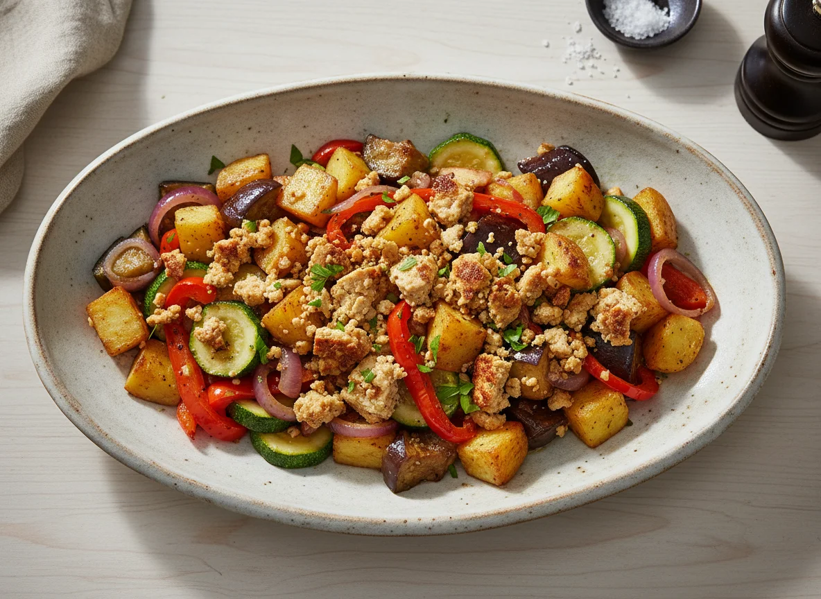 Gemüsepfanne mit Kartoffel und Tofu-Crumble photo