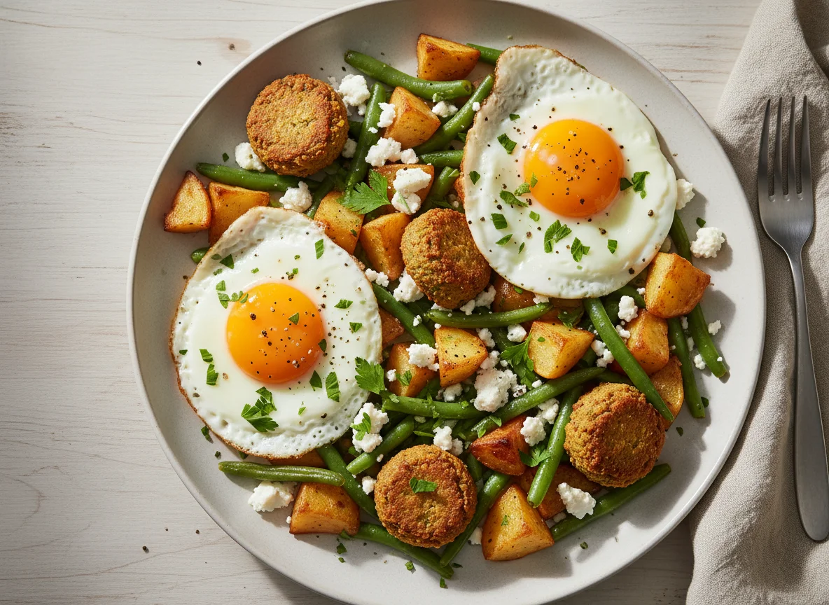 Gemüsepfanne mit Kartoffeln, grünen Bohnen, Feta und Ei photo