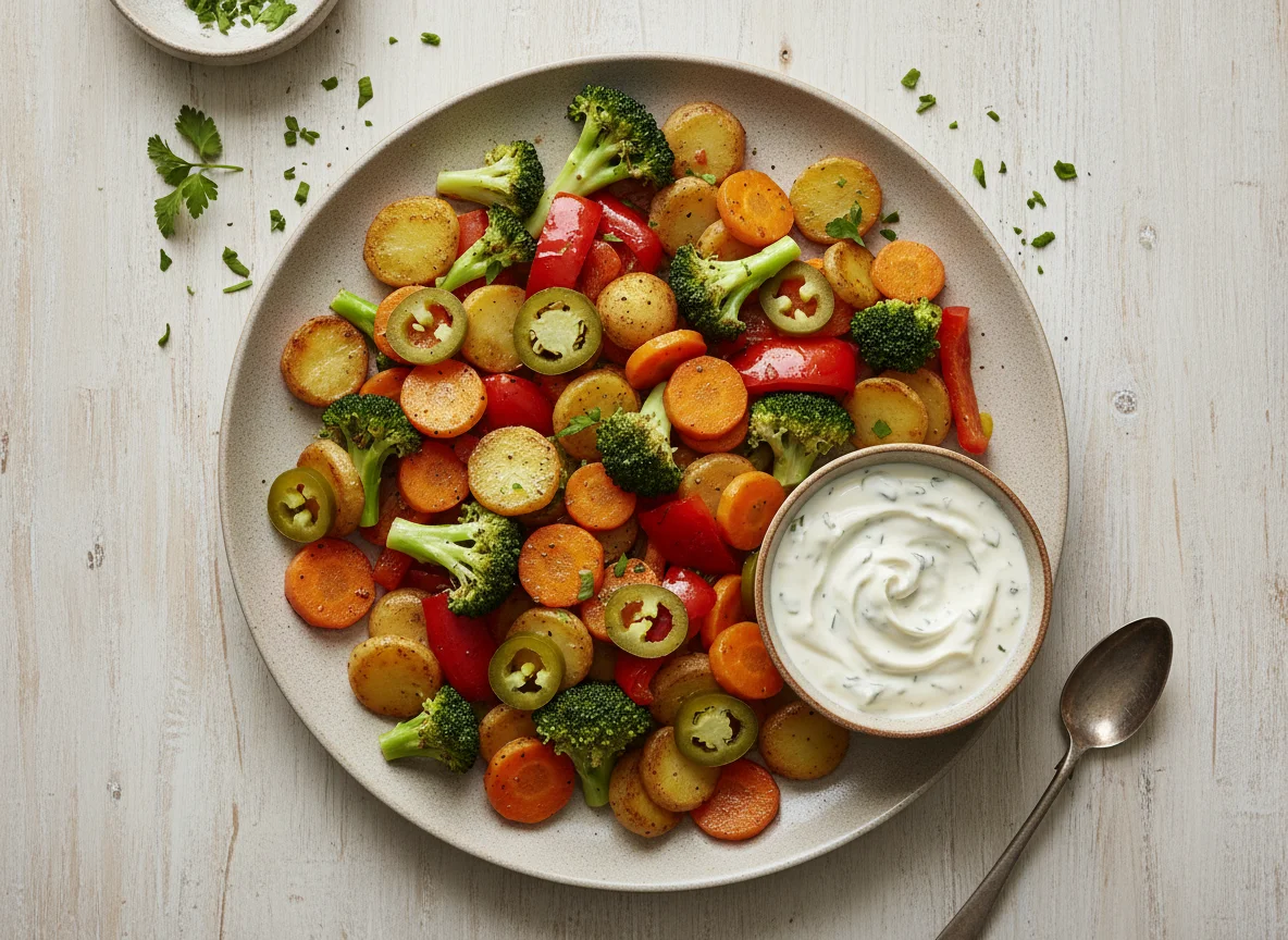 Gemüsepfanne mit Kartoffeln, Jalapeños und Dip photo