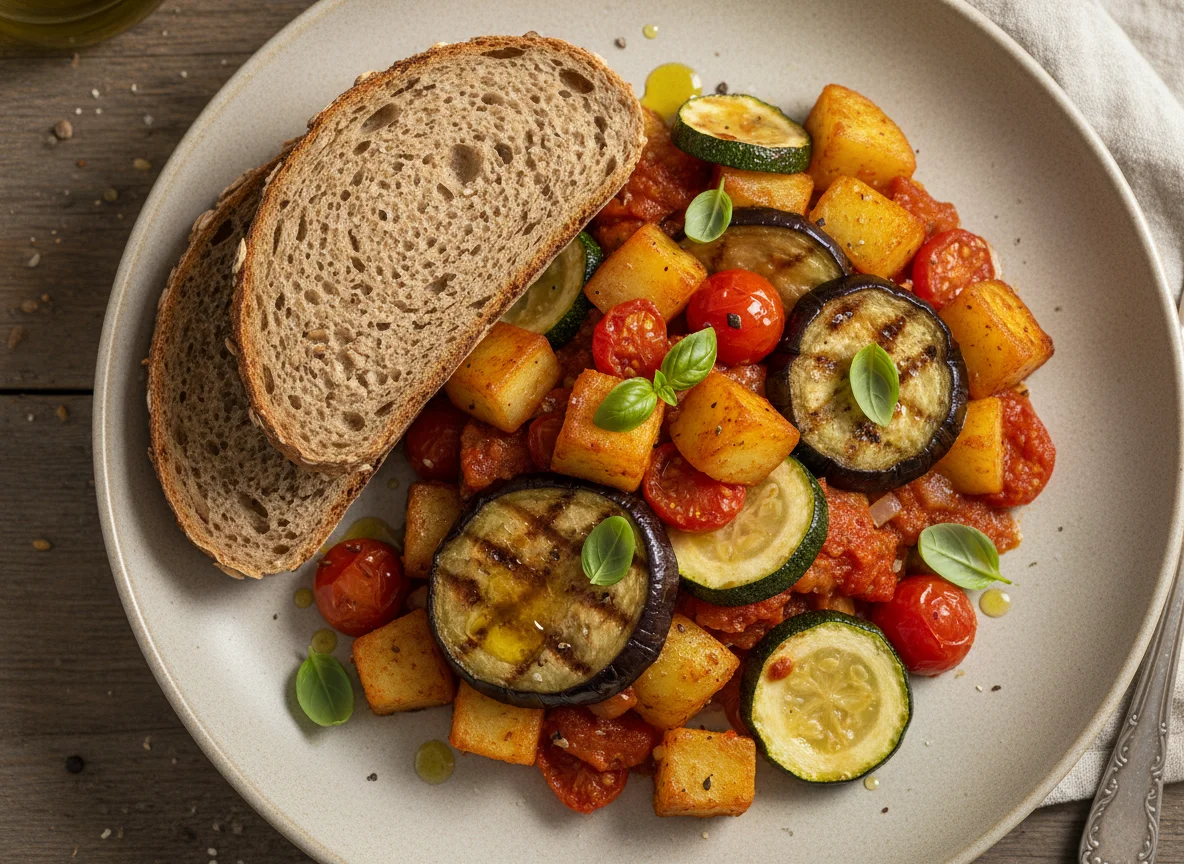 Gemüsepfanne mit Kartoffeln und Brot photo