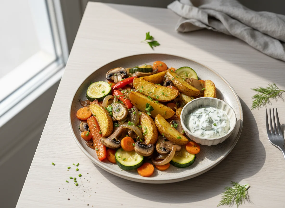 Gemüsepfanne mit Kartoffeln und Dip photo