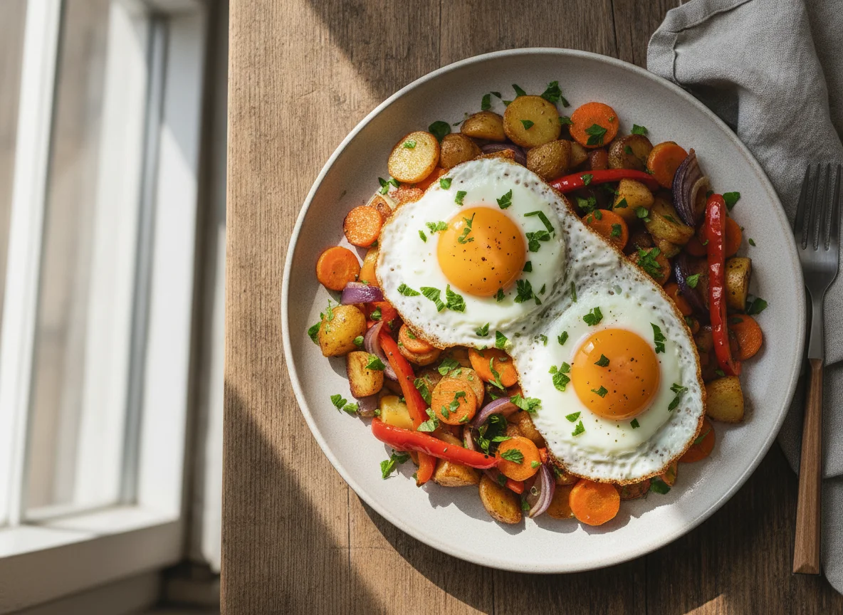 Gemüsepfanne mit Kartoffeln und Ei photo
