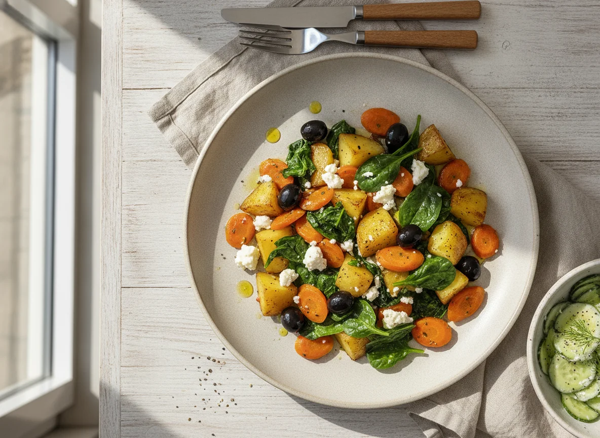 Gemüsepfanne mit Kartoffeln und Gurkensalat photo