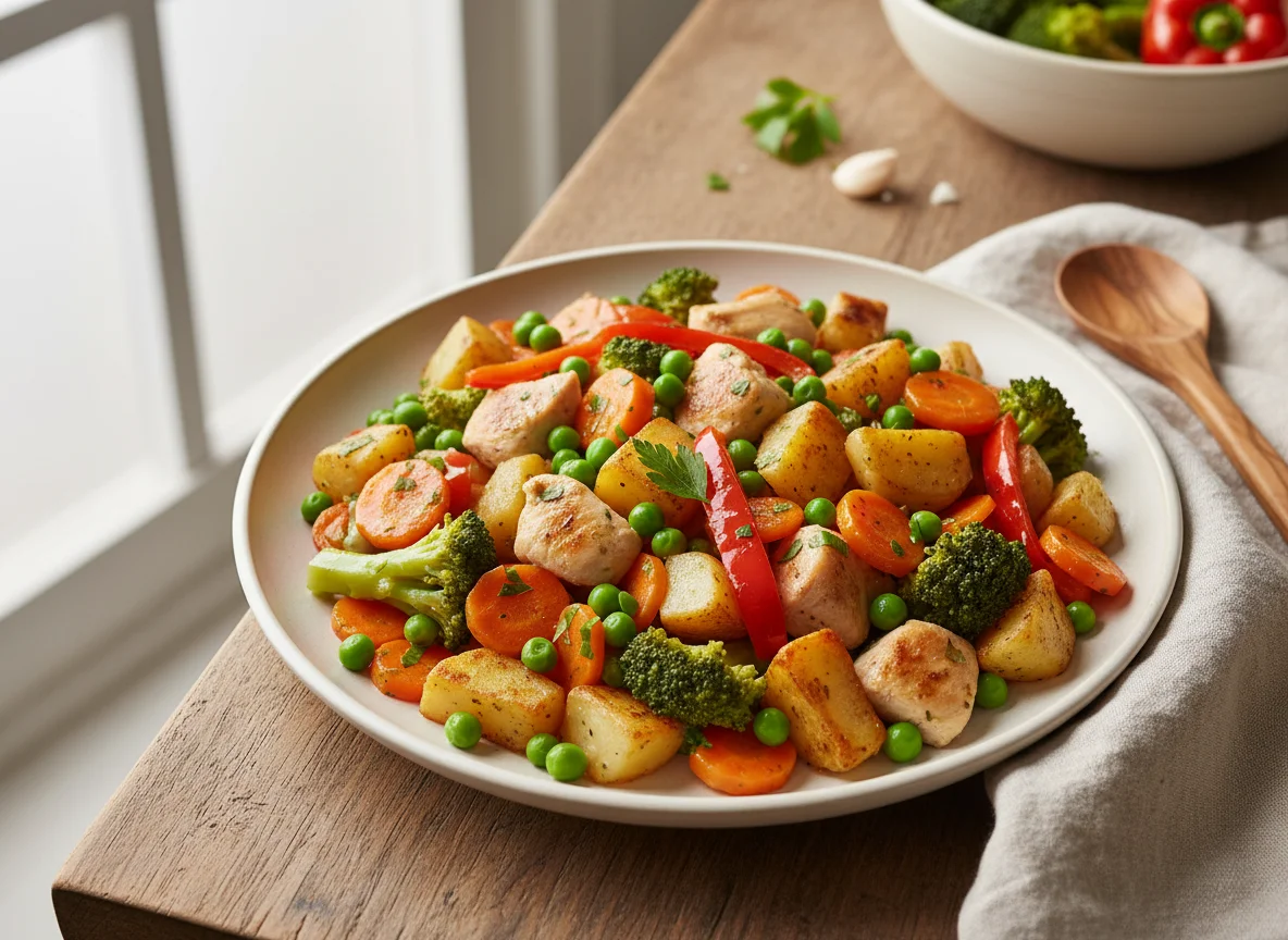 Gemüsepfanne mit Kartoffeln und Hähnchen photo