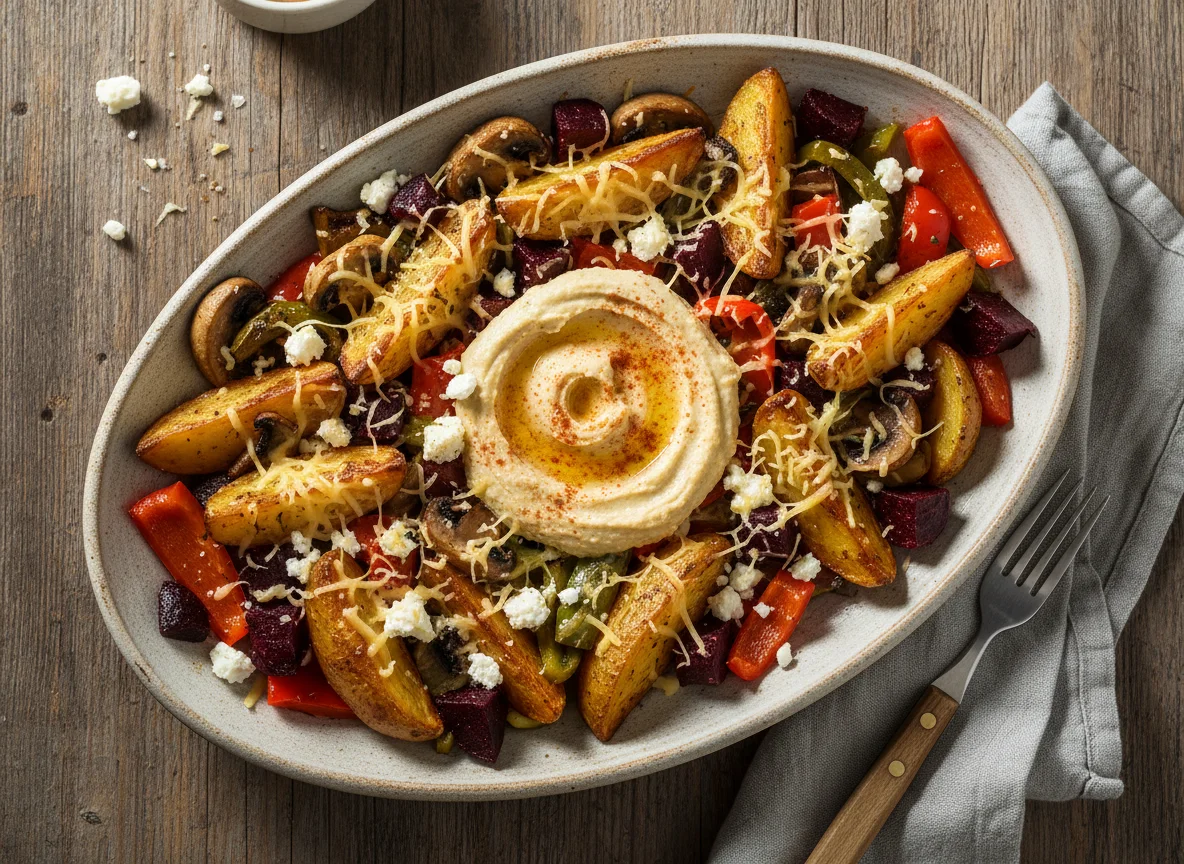 Gemüsepfanne mit Kartoffeln und Hummus photo