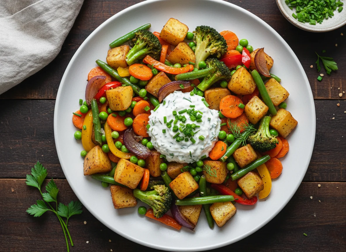 Gemüsepfanne mit Kartoffeln und Kräuterquark photo