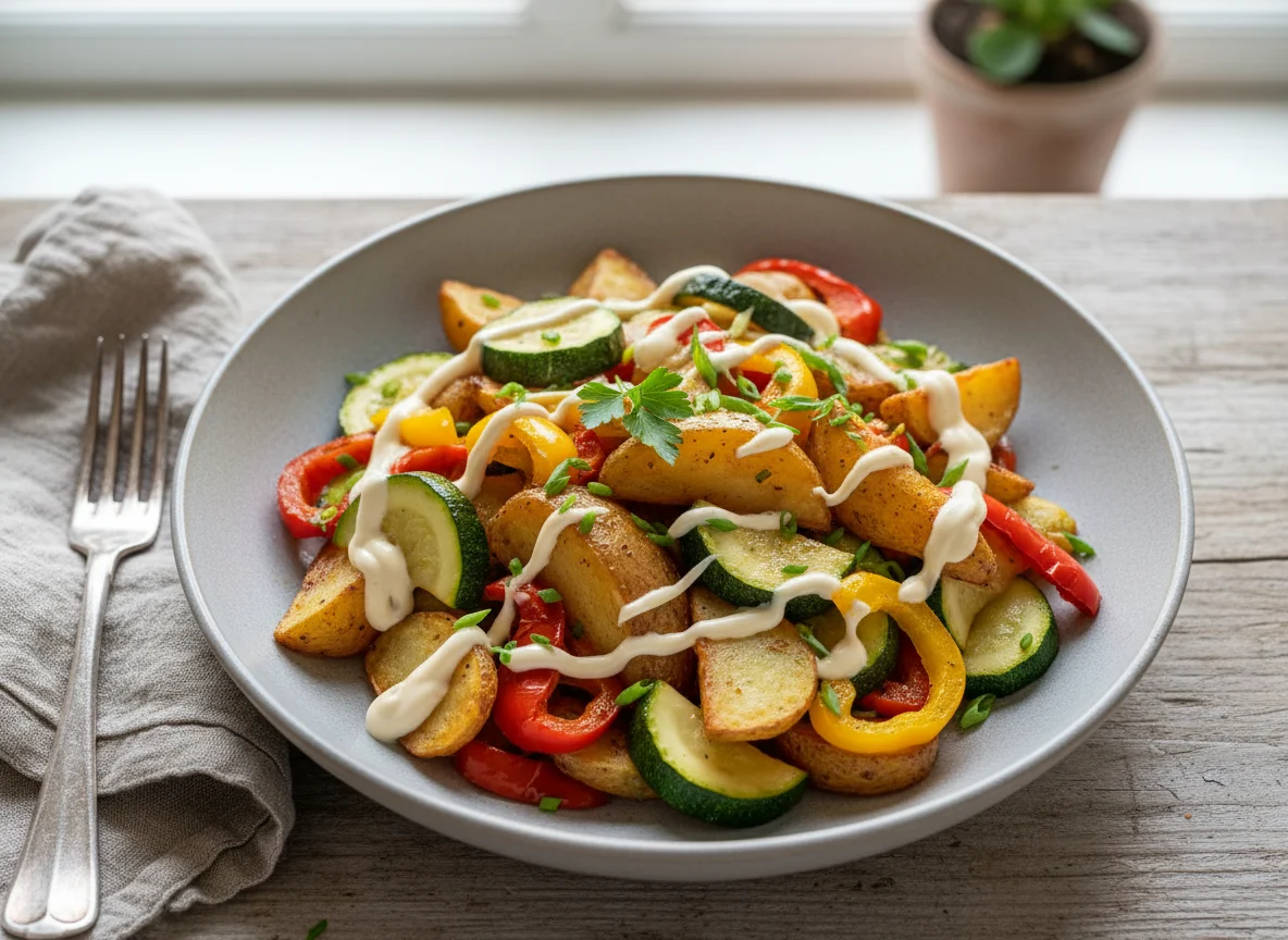 Gemüsepfanne mit Kartoffeln und Sauce photo