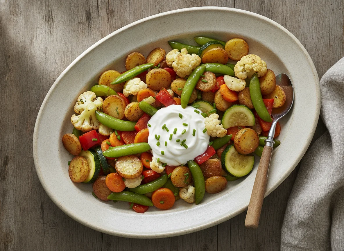 Gemüsepfanne mit Kartoffeln und Sauerrahm photo