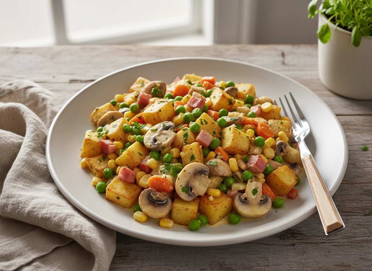 Gemüsepfanne mit Kartoffeln und Speck photo