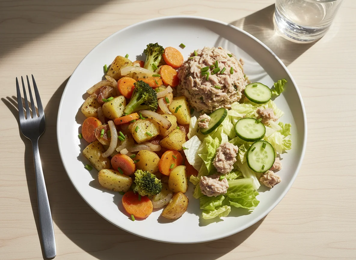 Gemüsepfanne mit Kartoffeln und Thunfischsalat photo