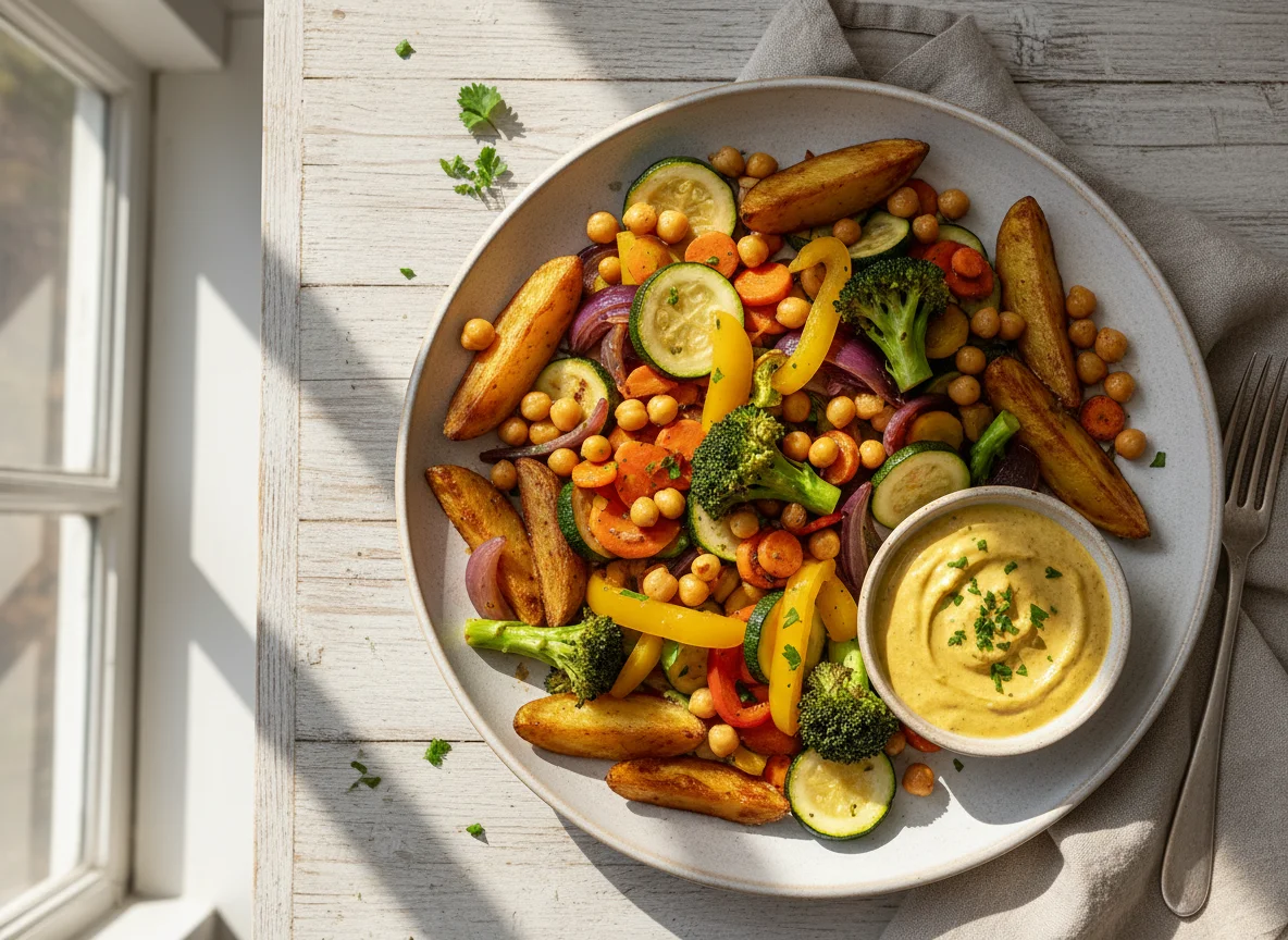 Gemüsepfanne mit Kartoffelspalten und Dip photo